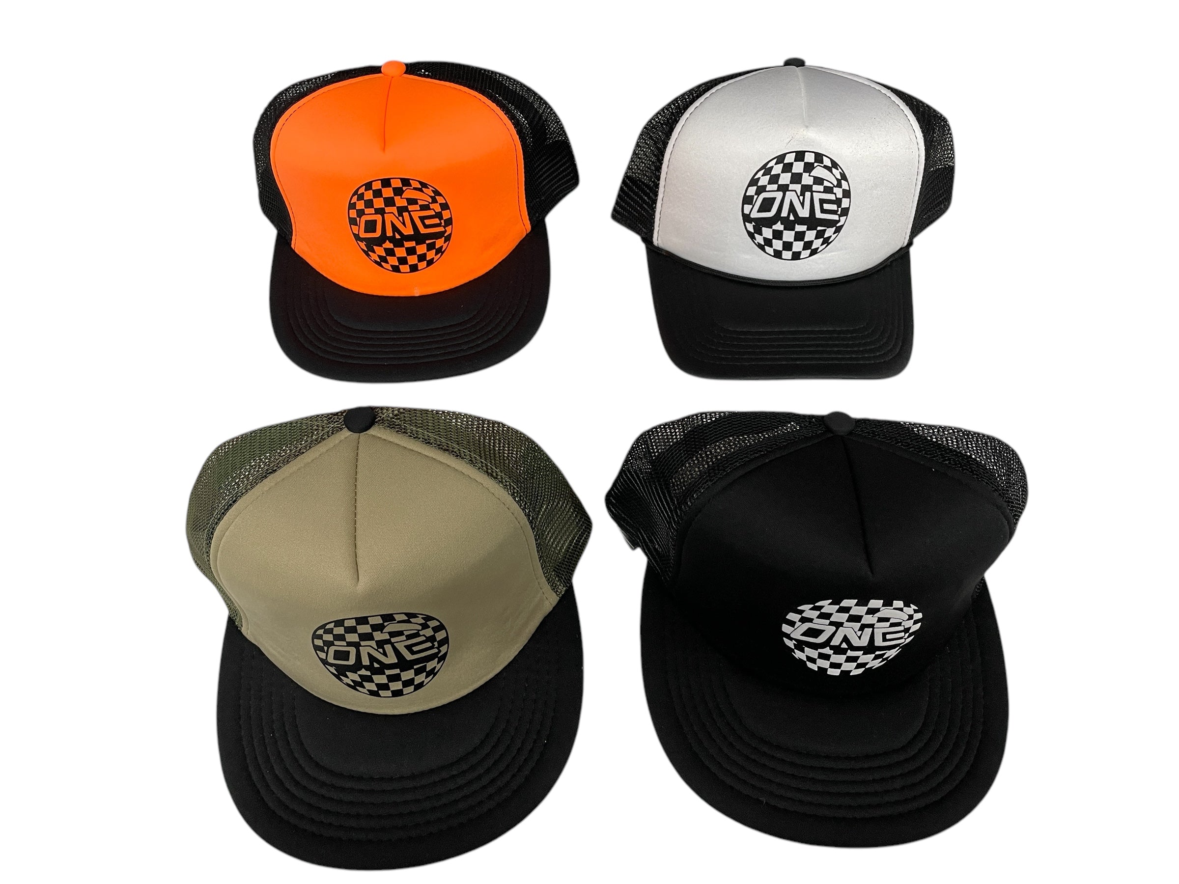 ONE MFG Mesh Foam Trucker Cap, White Front/Black Back, Checkered ONE BALL Logo