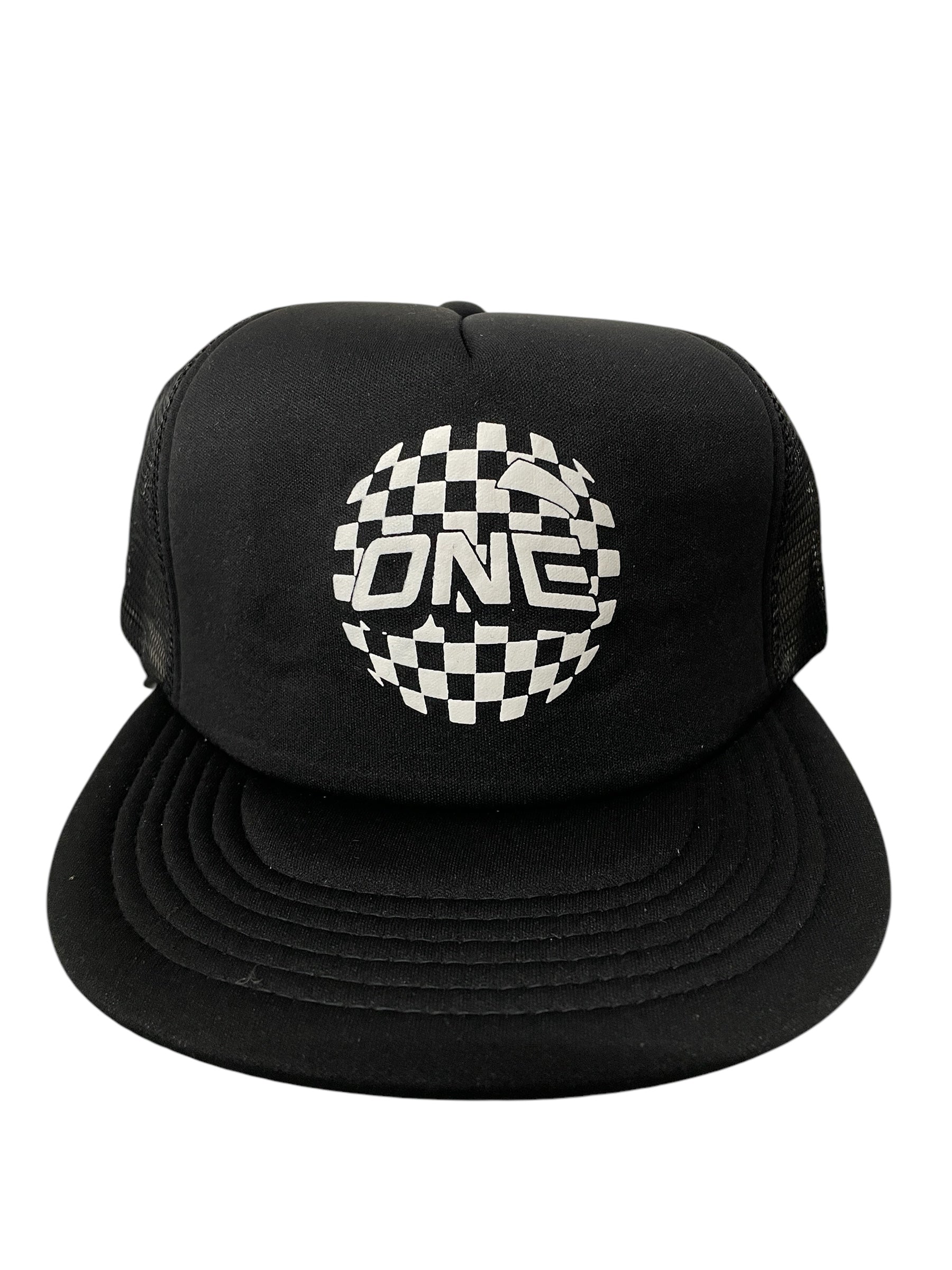 ONE MFG Mesh Foam Trucker Cap, Black on Black w/ White Checkered ONE BALL Logo
