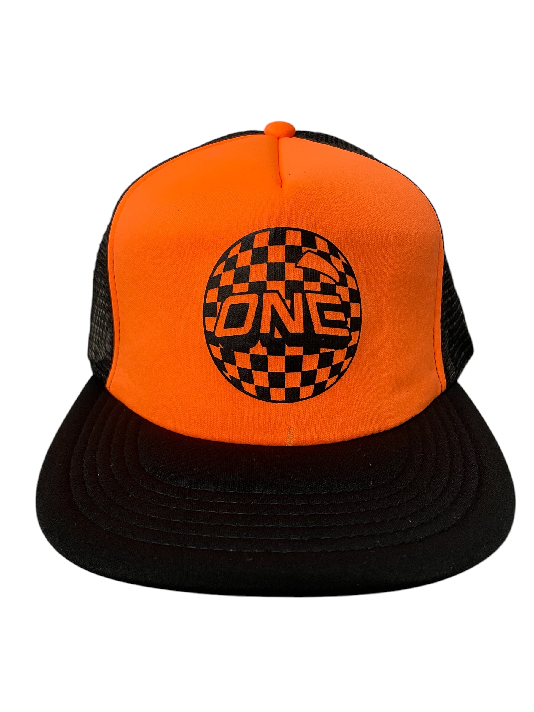 ONE MFG Mesh Foam Trucker Cap, Black Back and Bill, Belfair Orange Front w/ Black Checkered ONE BALL Logo
