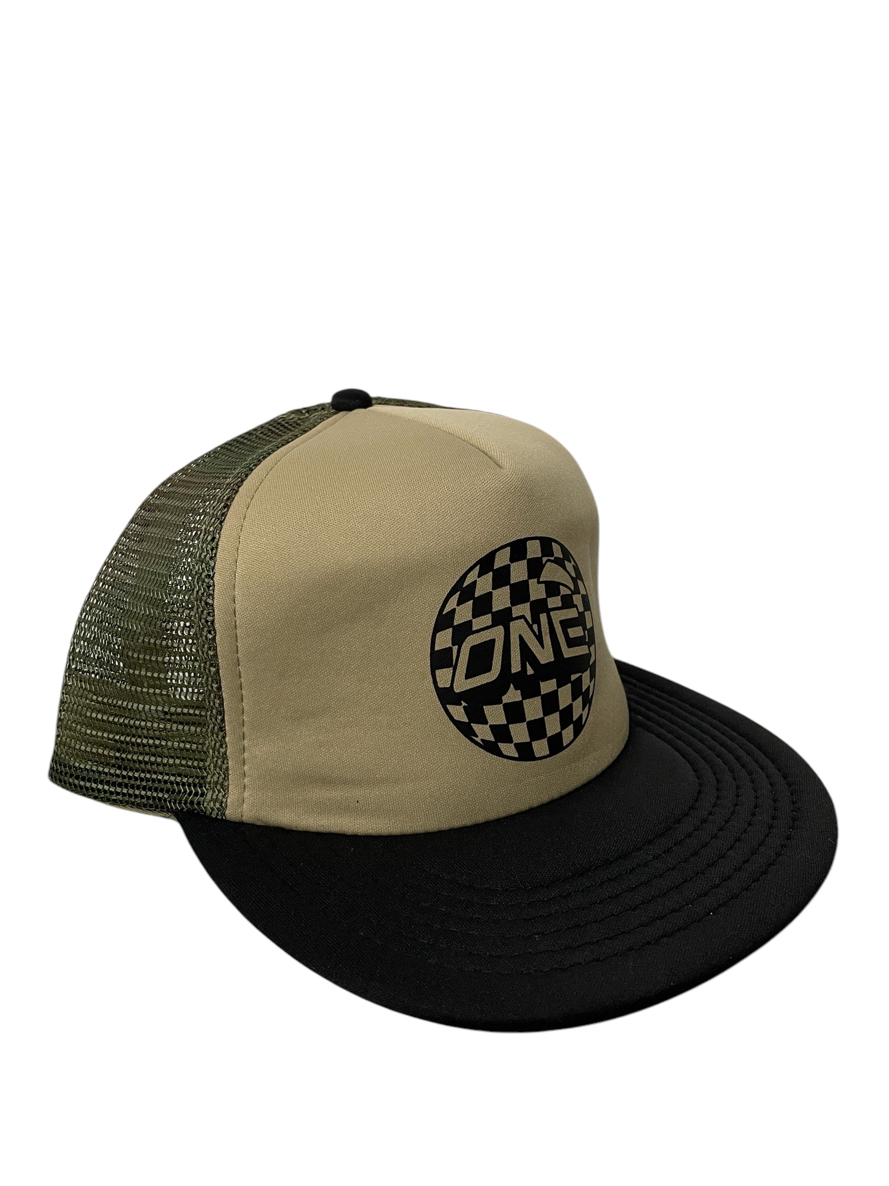 ONE MFG Mesh Foam Trucker Cap, Tan Front/Green Camo Back, Checkered ONE BALL Logo
