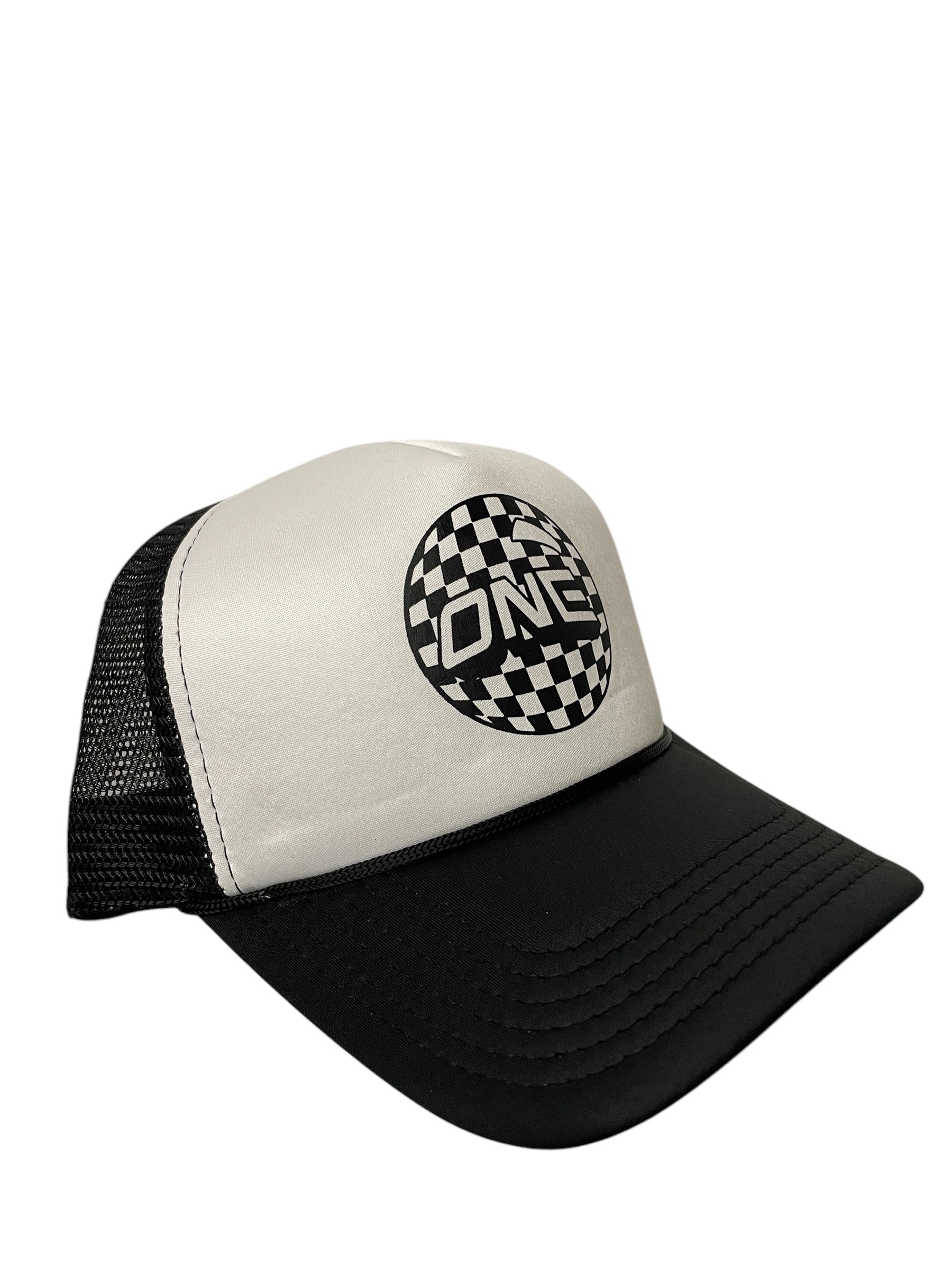ONE MFG Mesh Foam Trucker Cap, White Front/Black Back, Checkered ONE BALL Logo