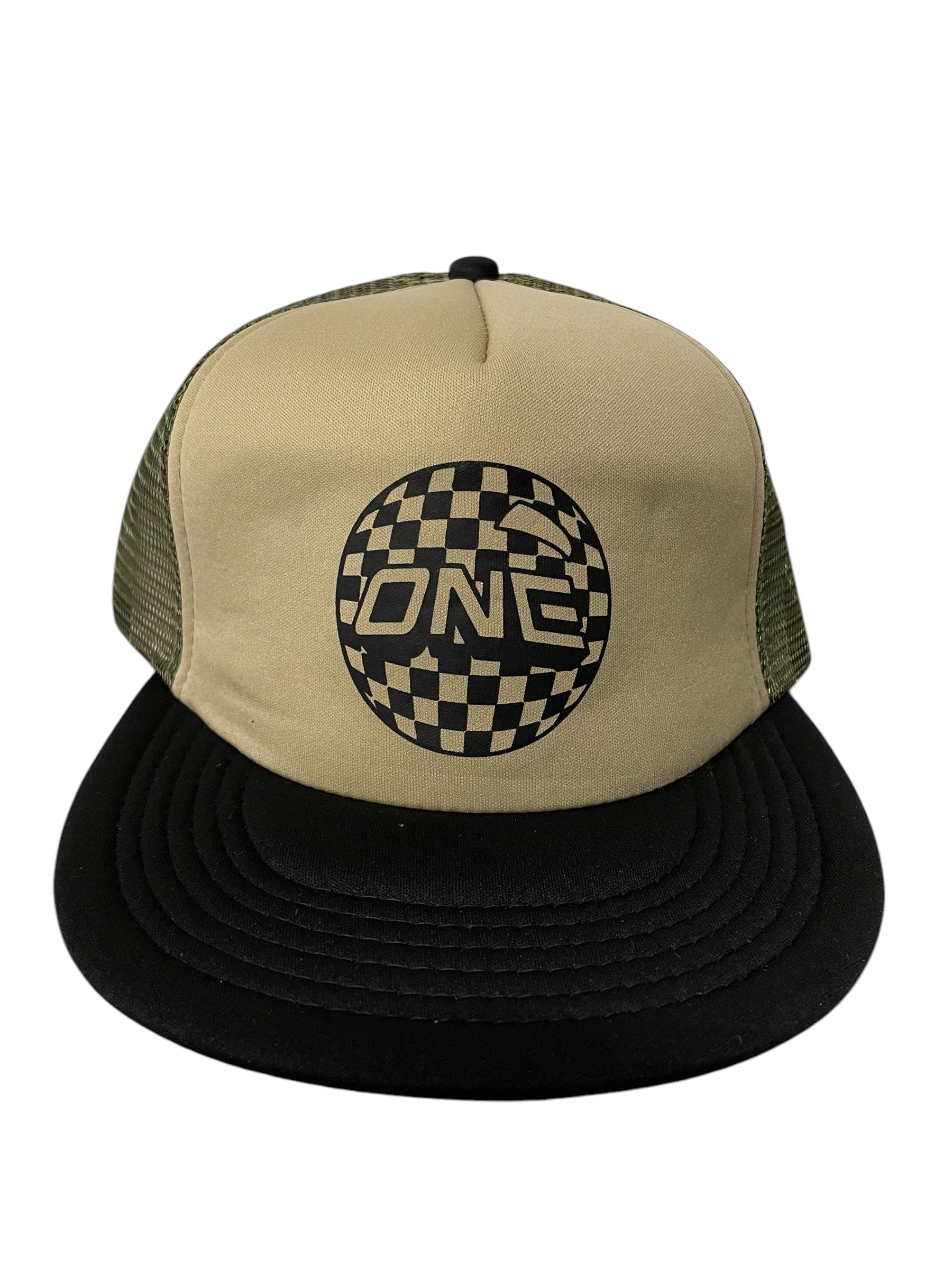ONE MFG Mesh Foam Trucker Cap, Tan Front/Green Camo Back, Checkered ONE BALL Logo