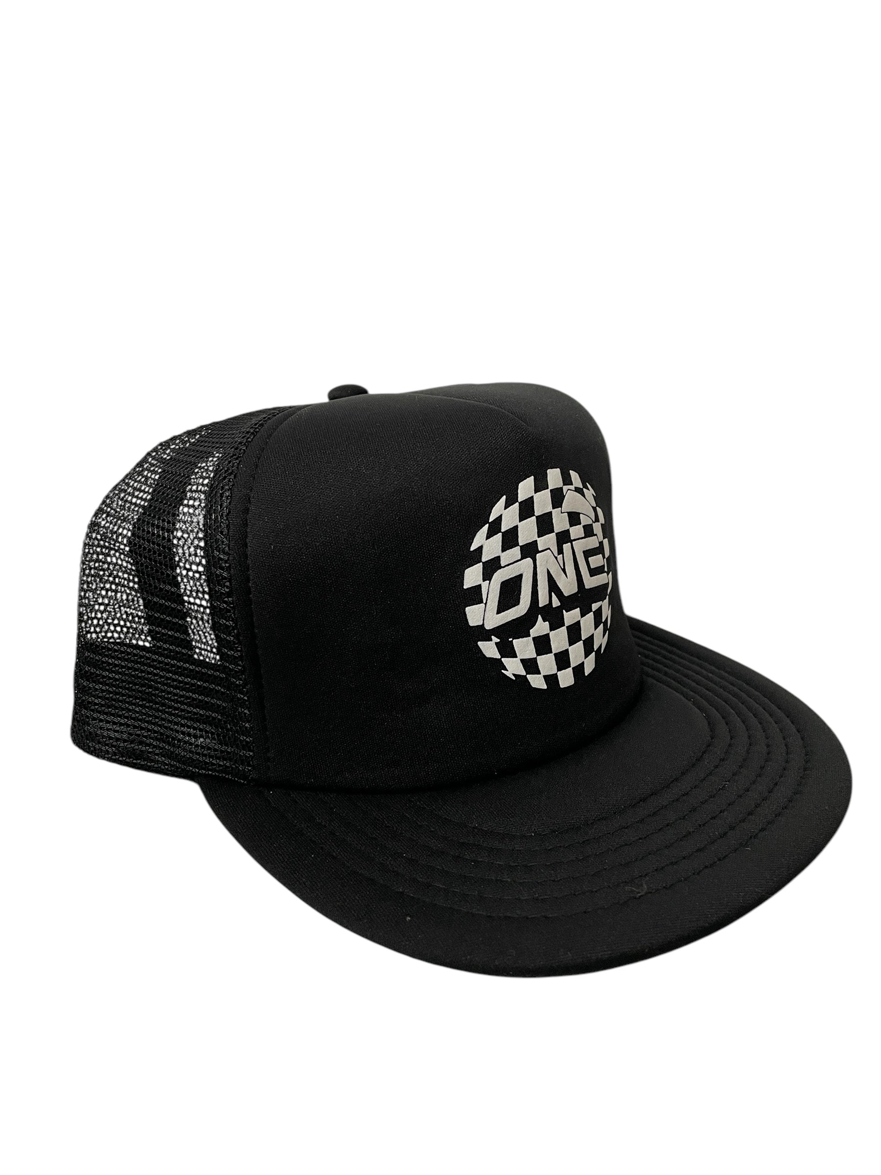 ONE MFG Mesh Foam Trucker Cap, Black on  Black w/ White Checkered ONE BALL Logo