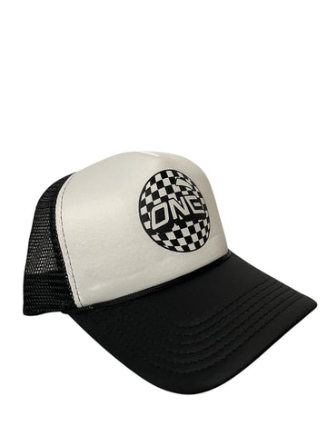 ONE MFG Mesh Foam Trucker Cap, White Front/Black Back, Checkered ONE BALL Logo