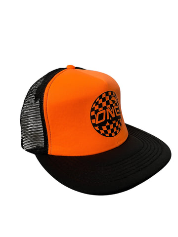 ONE MFG Mesh Foam Trucker Cap, Black Back and Bill, Belfair Orange Front w/ Black Checkered ONE BALL Logo