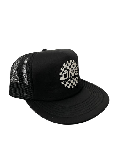 ONE MFG Mesh Foam Trucker Cap, Black on  Black w/ White Checkered ONE BALL Logo
