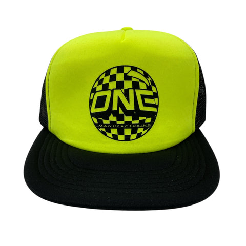 ONE MFG Mesh Foam Trucker Cap, Black Back and Bill, Belfair Orange Front w/ Black Checkered ONE BALL Logo
