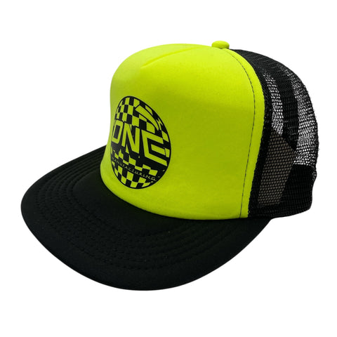 ONE MFG Mesh Foam Trucker Cap, Sport Yellow Front - Black Back and Bill w/ Black Checkered ONE BALL Logo